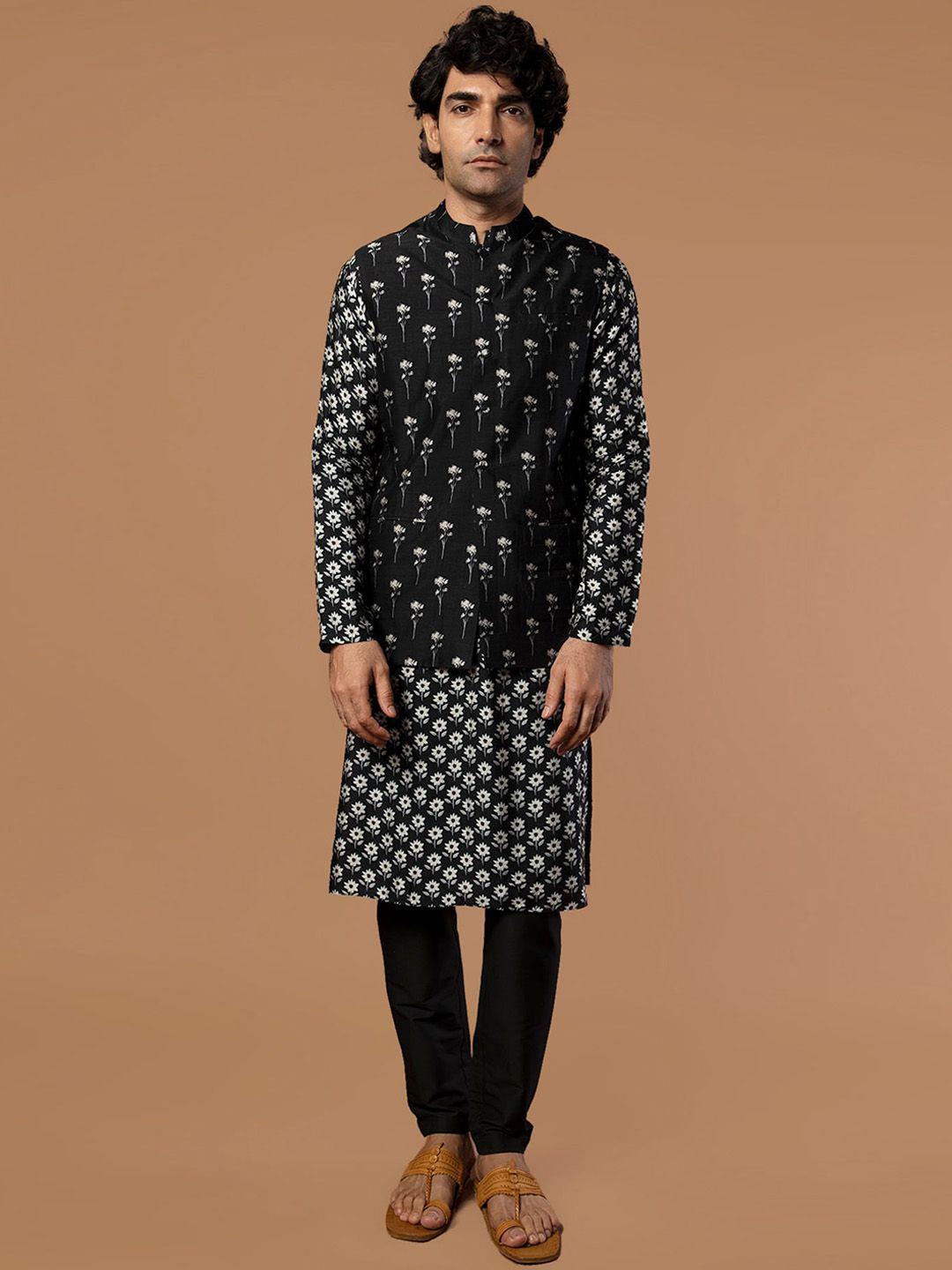 masaba men black floral printed raw silk kurta with churidar with nehru jacket