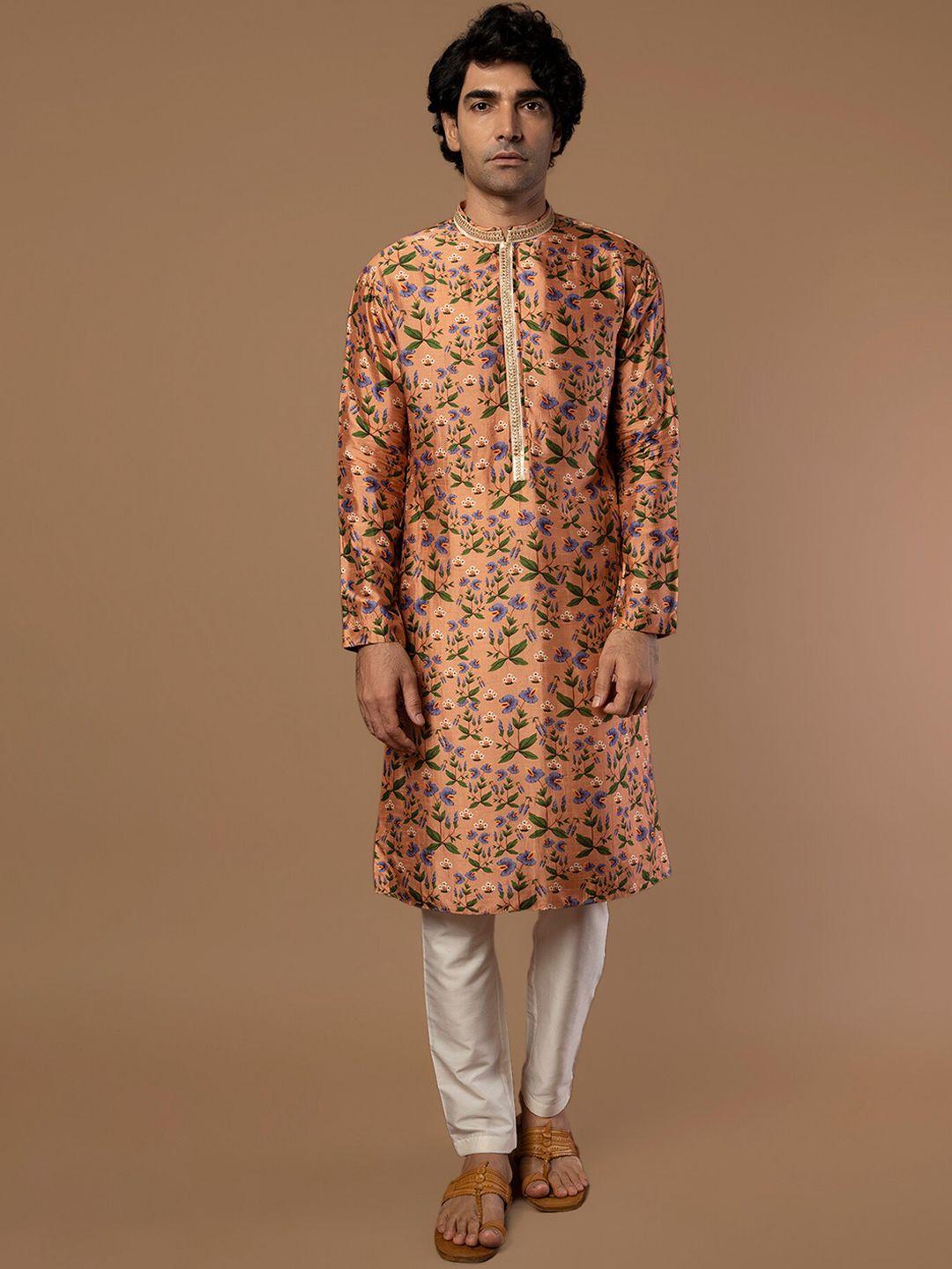 masaba men brown & blue floral printed raw silk raw silk kurta