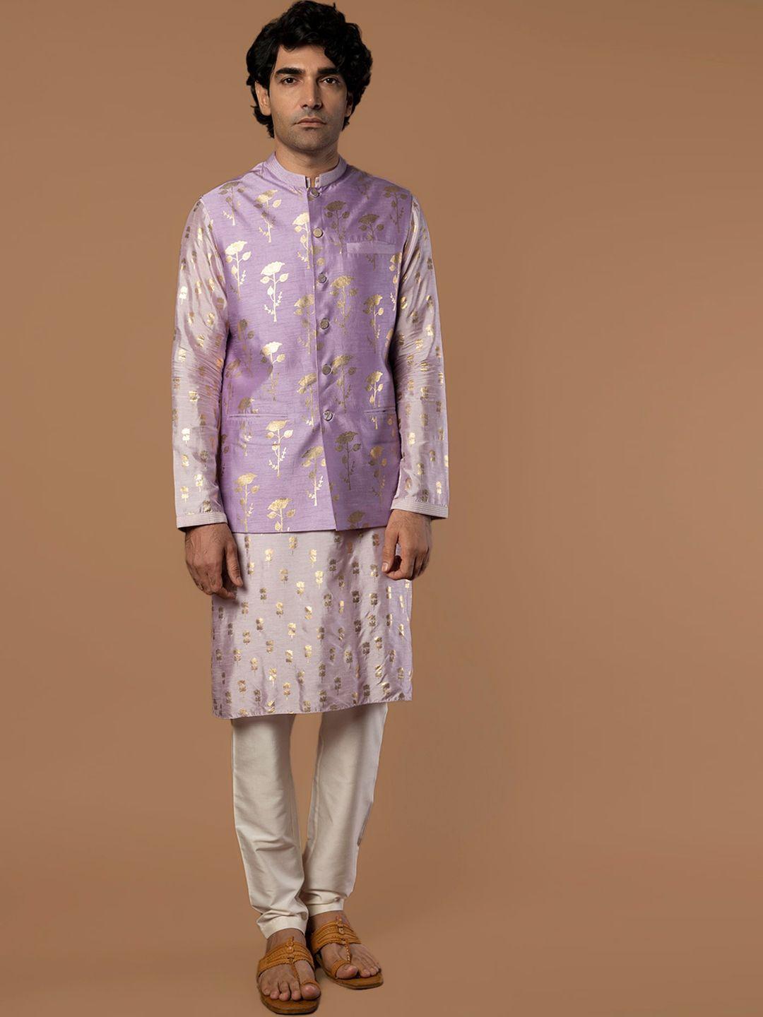 masaba men lavender floral printed layered raw silk kurta with pyjamas with nehru jacket