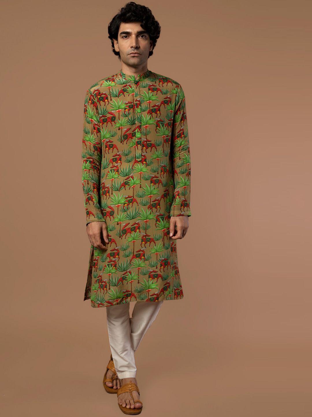 masaba men olive green floral printed straight kurta