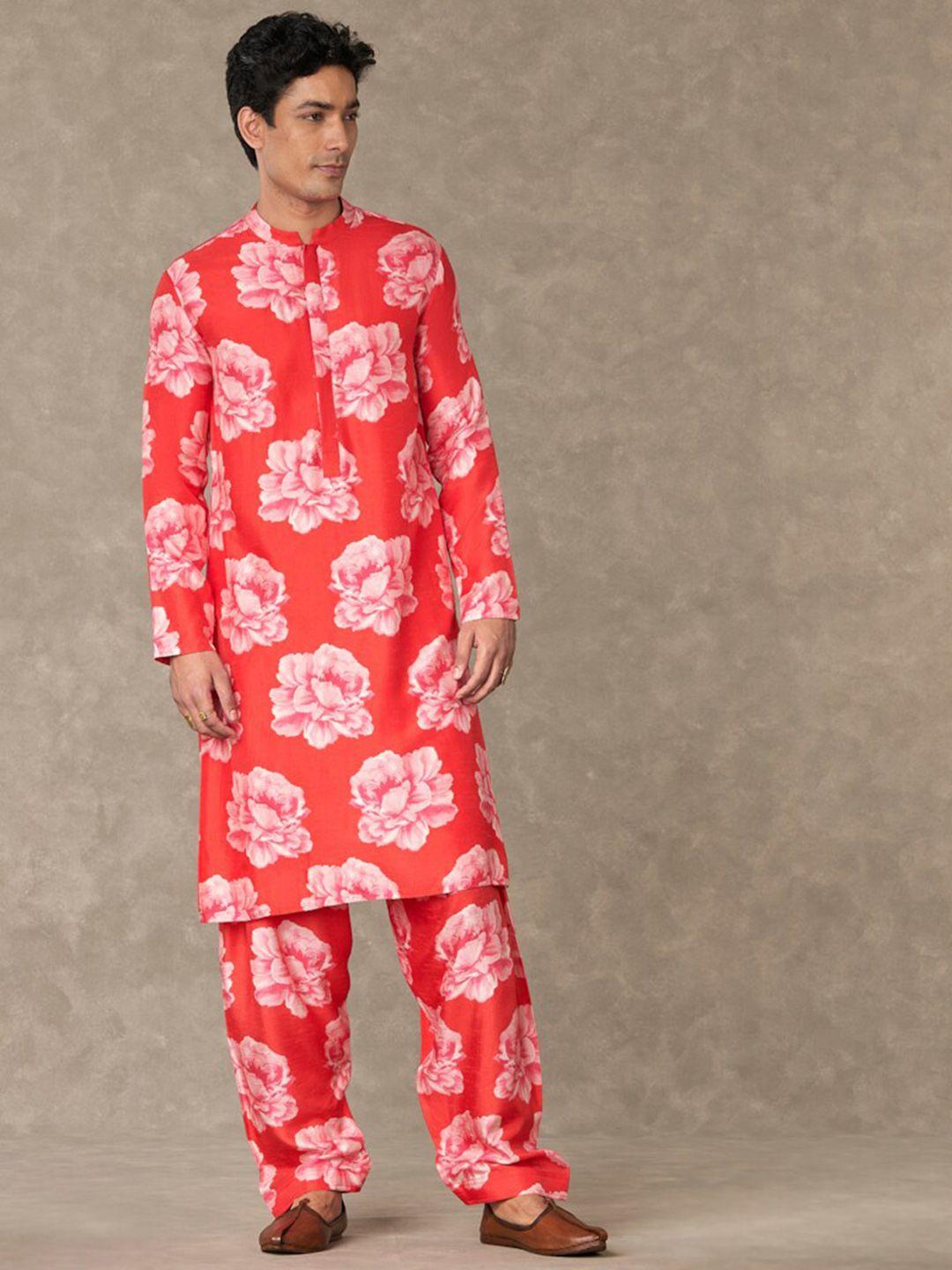 masaba men red floral printed floral raw silk kurta