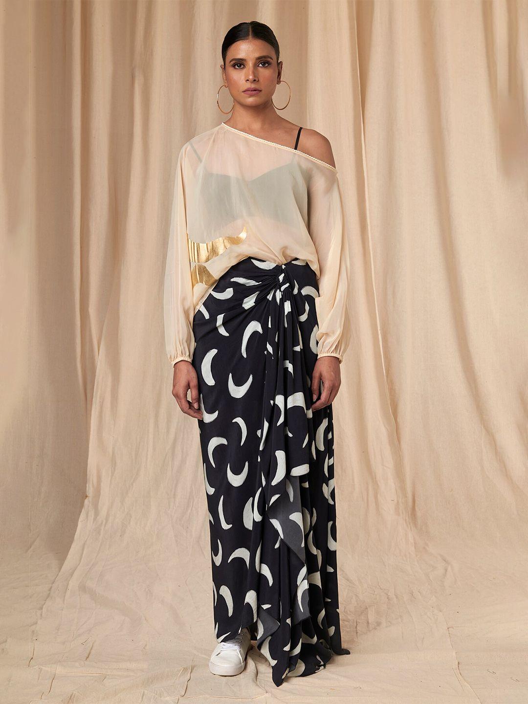 masaba one shoulder top with drape skirt