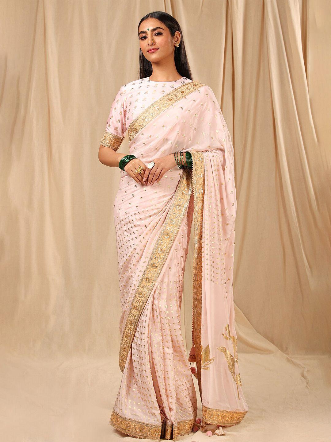 masaba pink & gold-toned floral embroidered saree