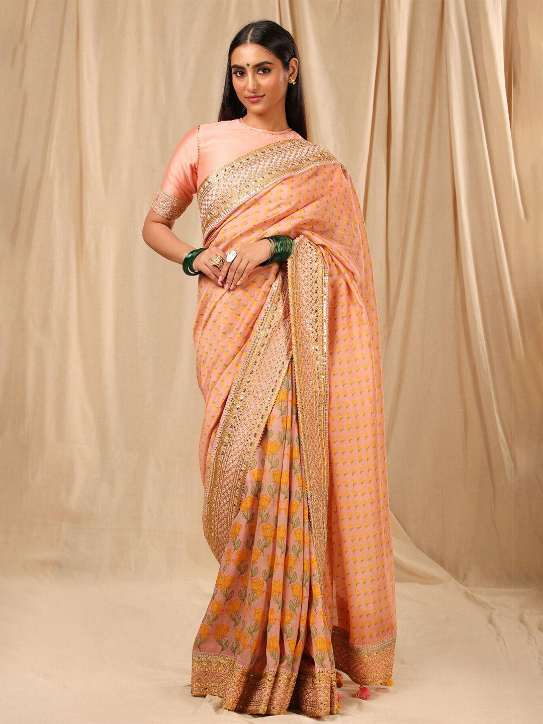 masaba pink & yellow floral saree