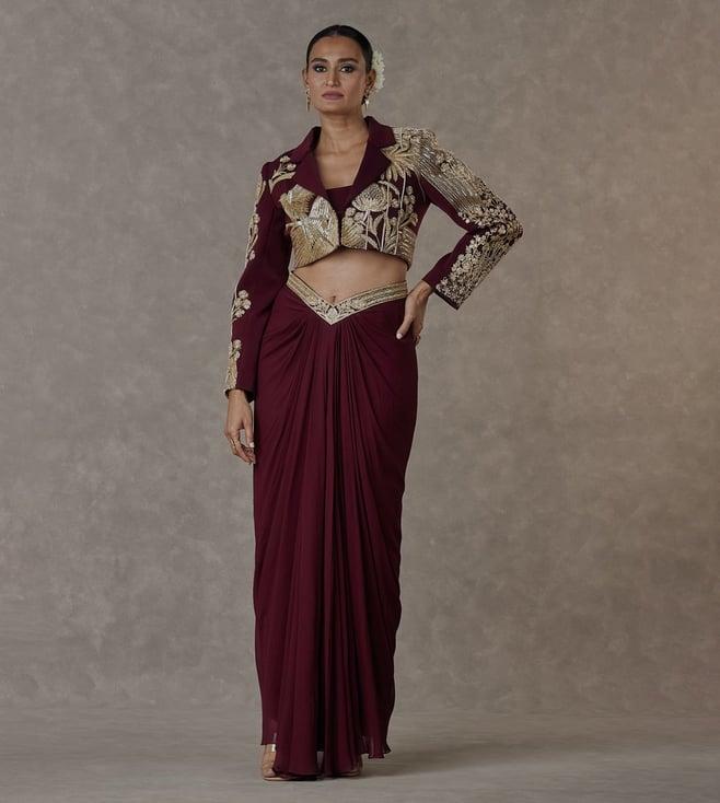 masaba plum 'son-chidiya' cropped blazer with tube and drape skirt
