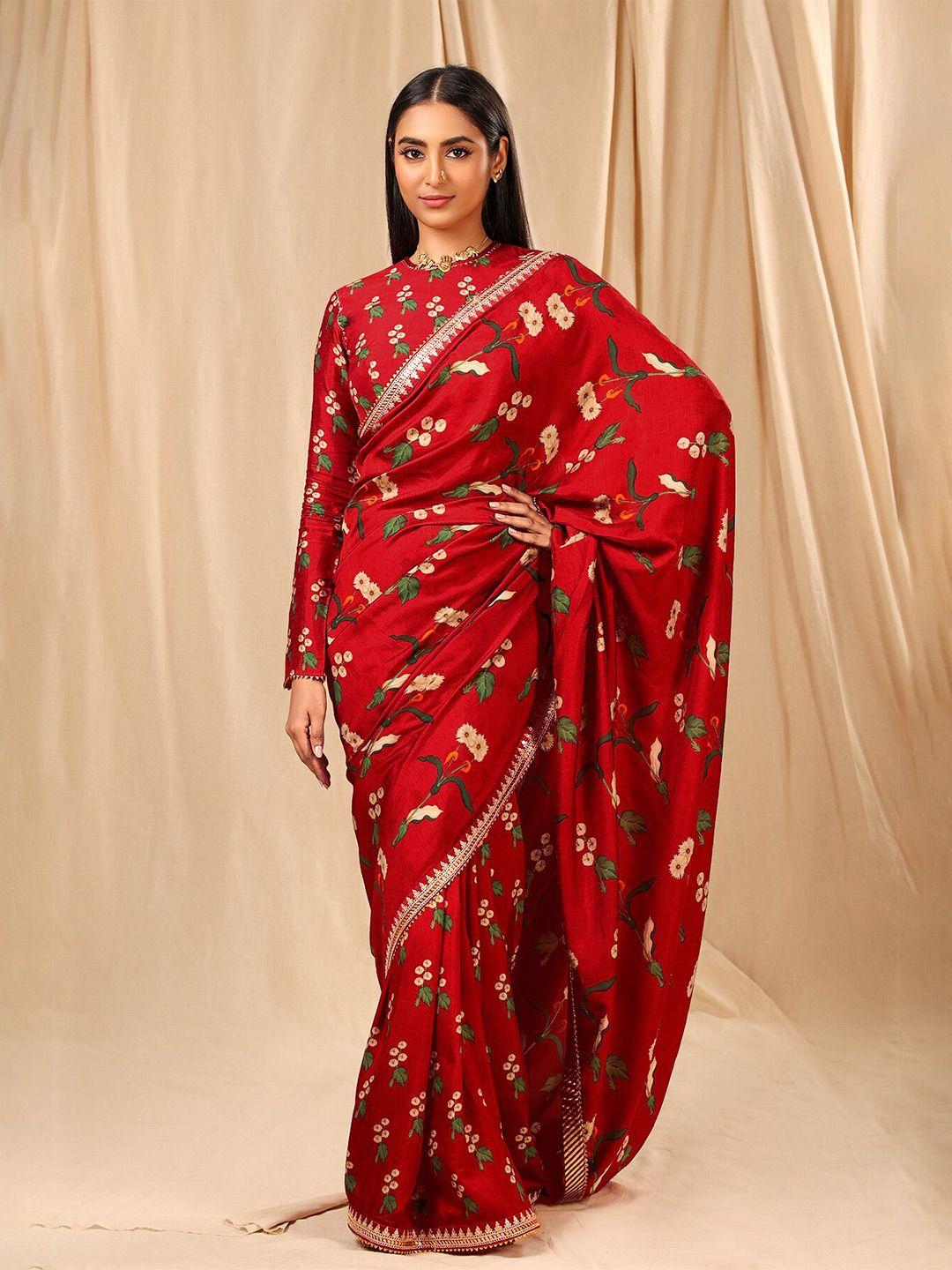 masaba red & beige floral silk blend saree
