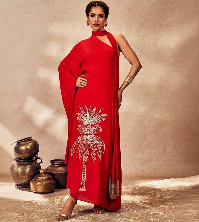 masaba red tropical one shoulder kaftan