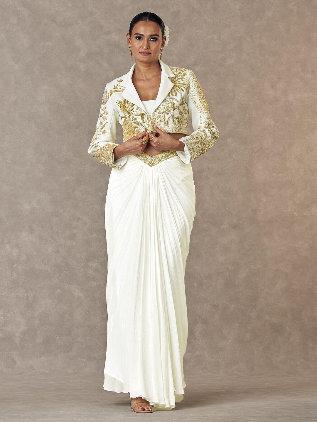 masaba son-chidiya embellished cropped blazer & top with drape skirt