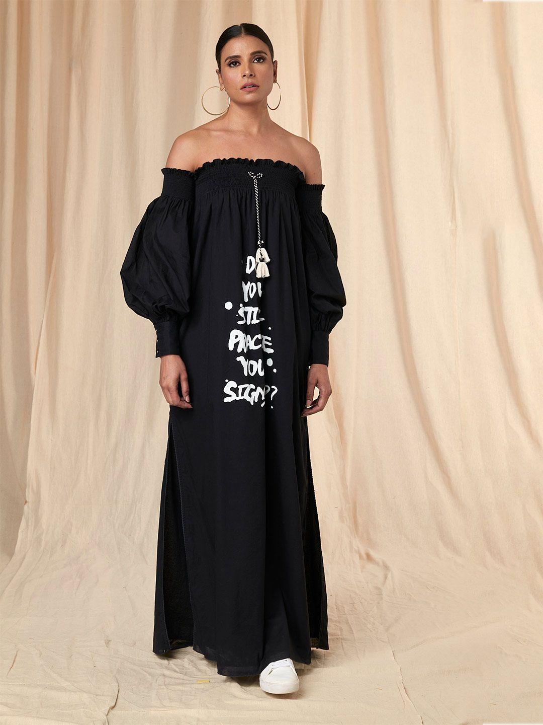 masaba typography printed off-shoulder smocked cotton a-line maxi dress