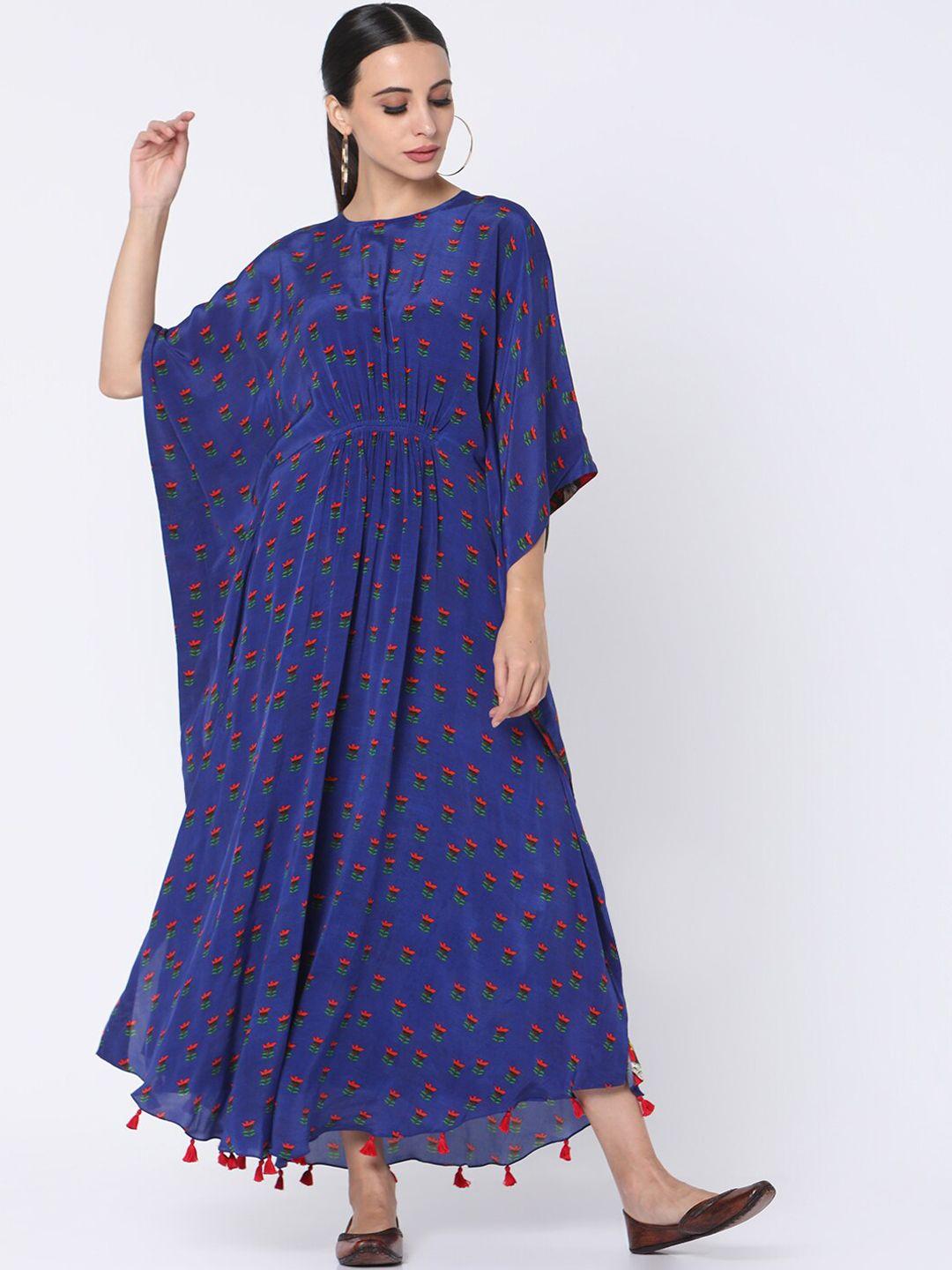 masaba women blue & orange lotus in the pond floral print kaftan dress