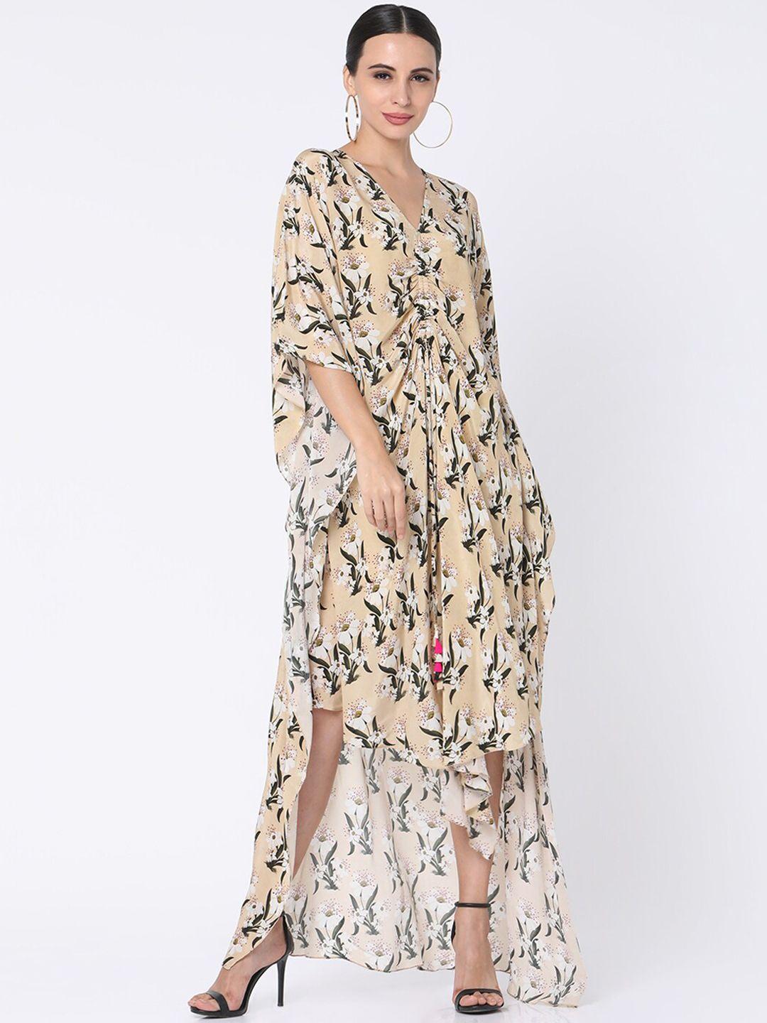 masaba women cream-coloured printed ruched effect kaftan dress