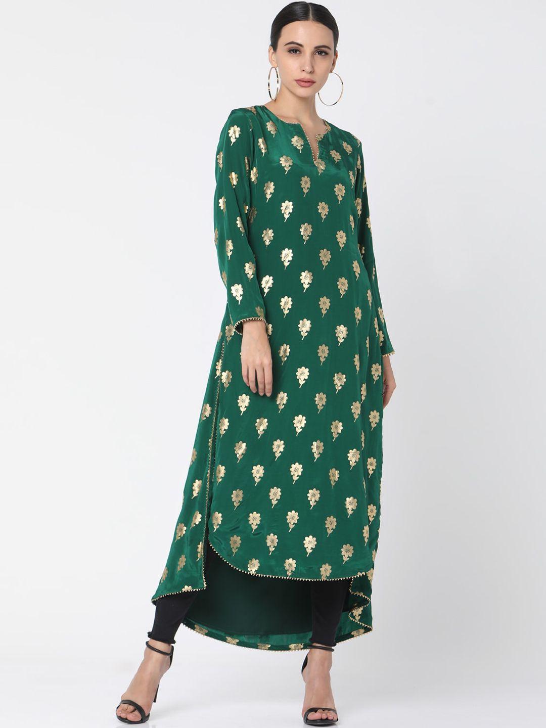 masaba women green & gold-toned floral printed crepe kurta