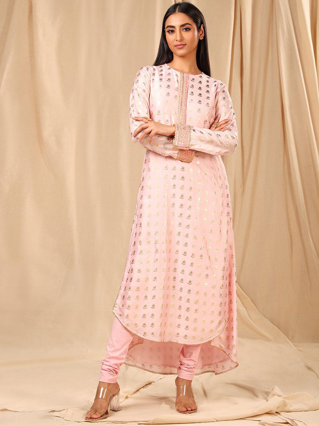 masaba women pink & gold-toned ethnic motifs printed gotta patti crepe kurta