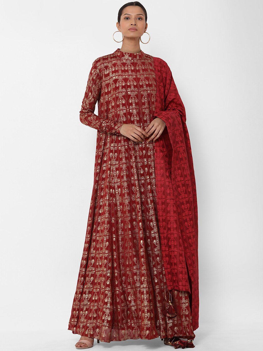 masaba women red & gold-coloured printed kurta with trousers & dupatta