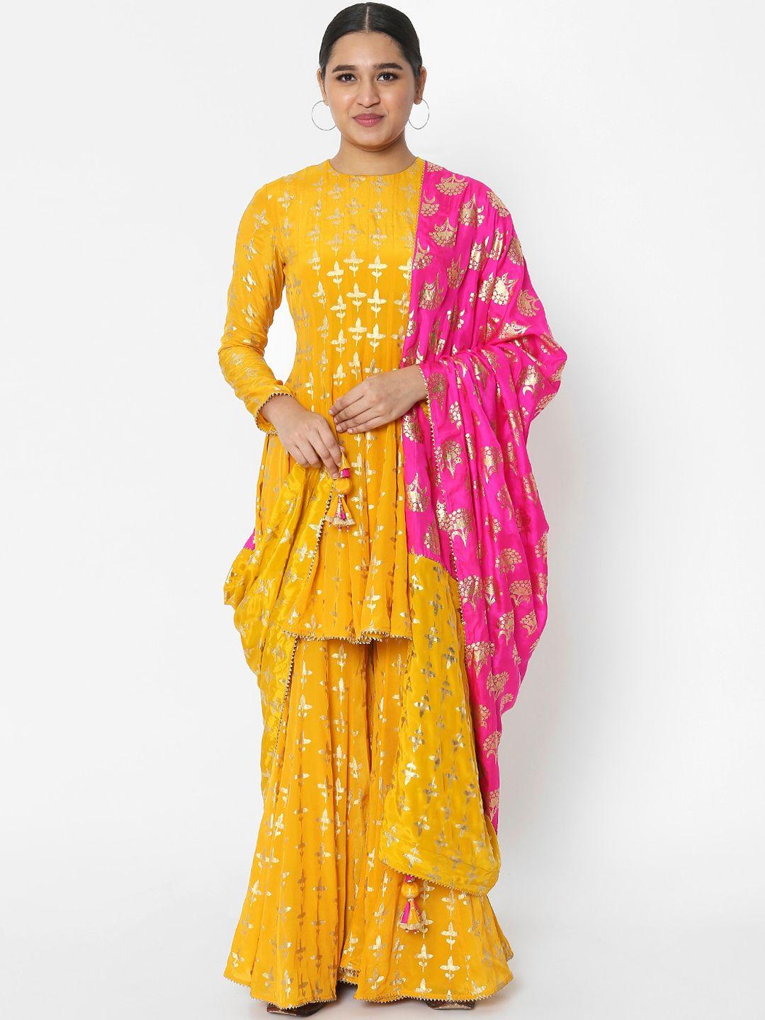 masaba women yellow ethnic motifs printed empire silk crepe kurta with sharara & with dupatta