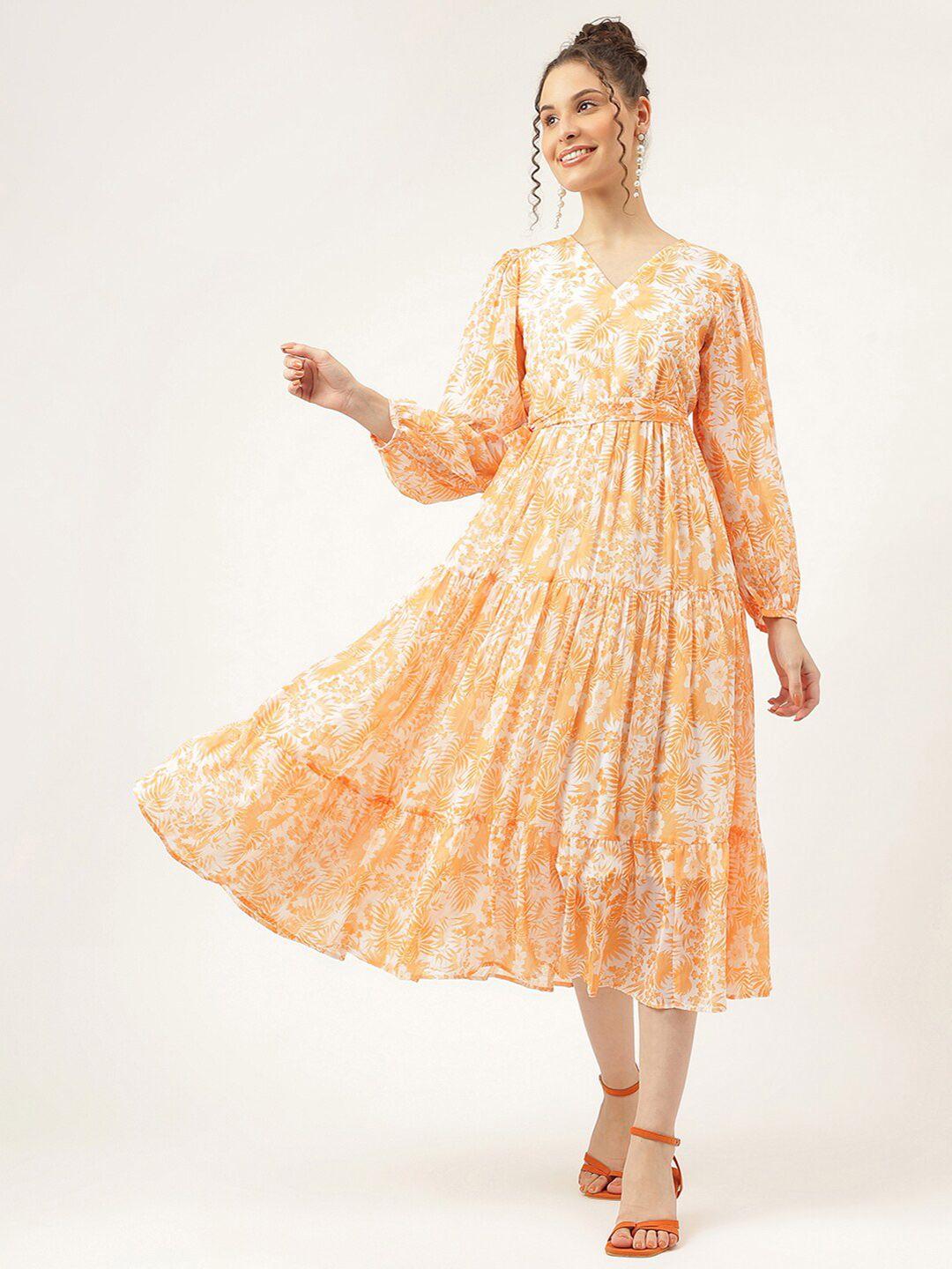 masakali co floral printed puff sleeves tiered  fit & flare midi dress