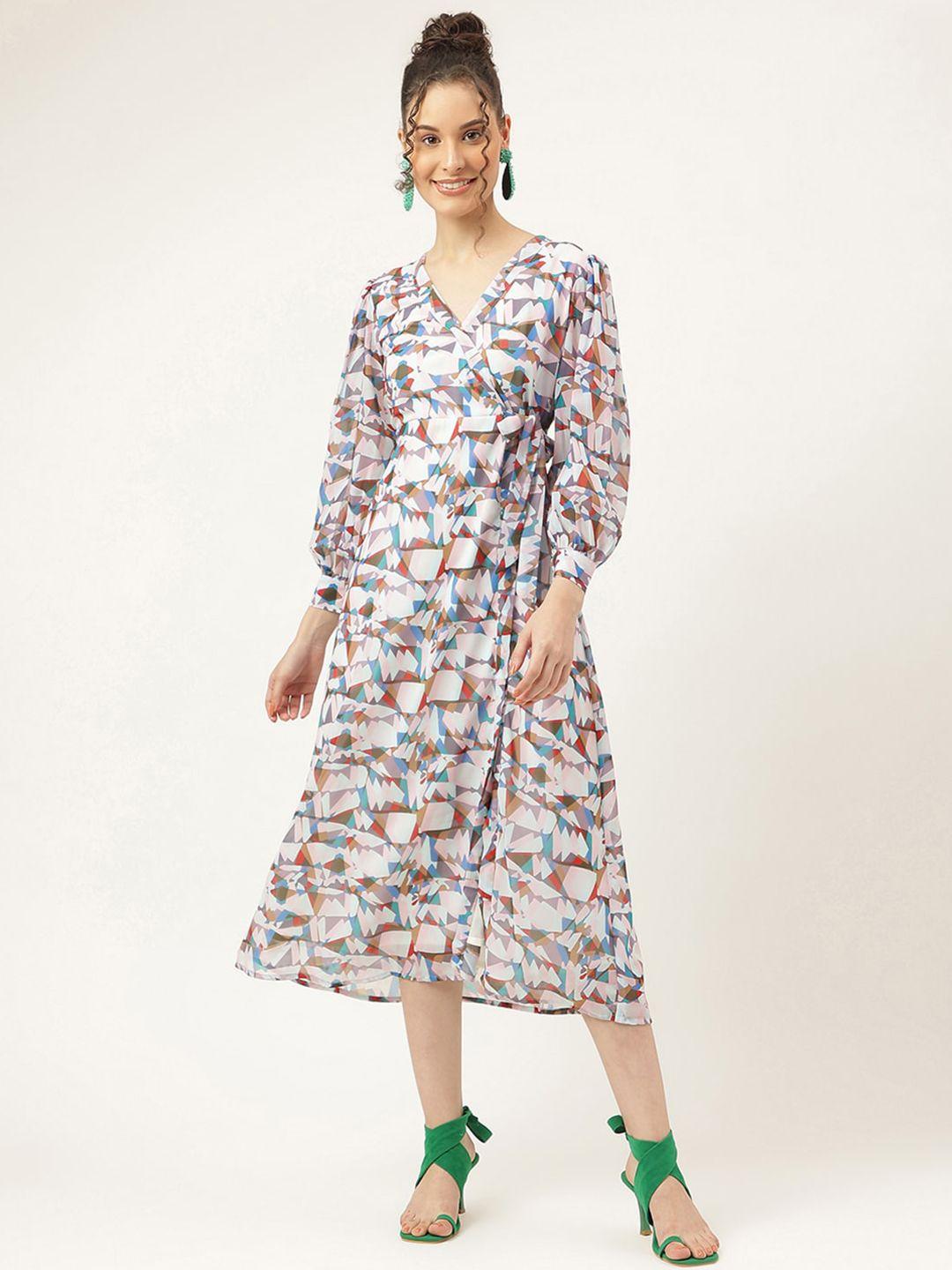 masakali co geometric printed v-neck tie-up wrap midi dress