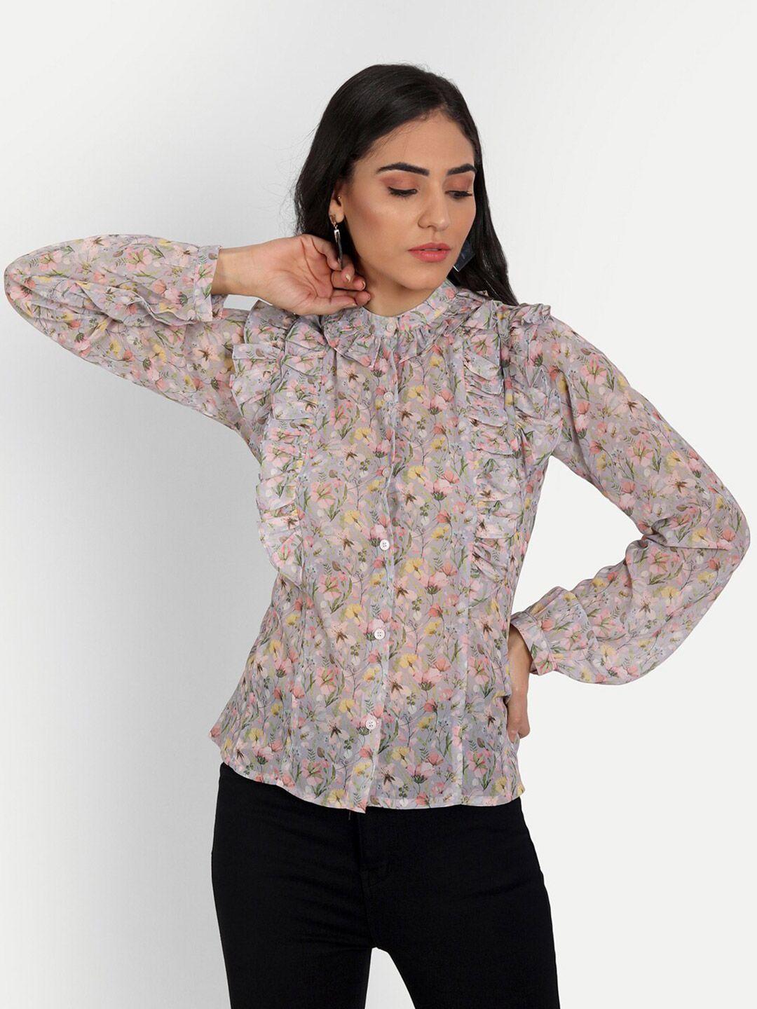 masakali co off white & pink floral print georgette shirt style top