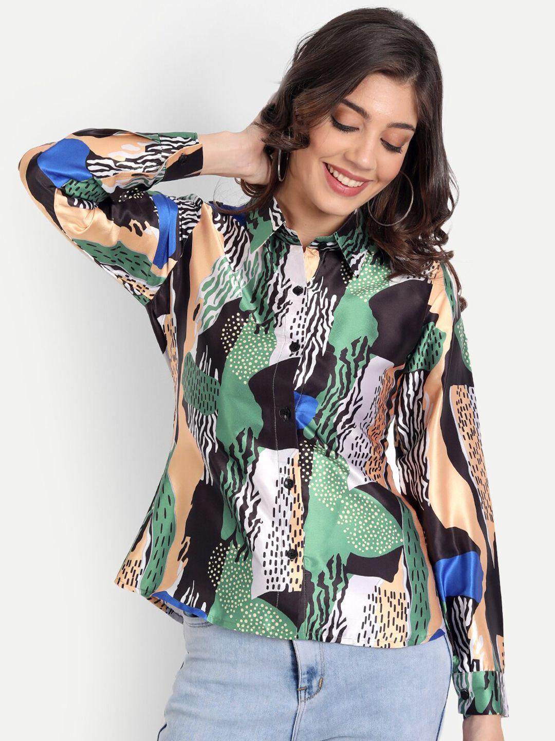 masakali co women green and black relaxed semi sheer abstract print polyester casual shirt