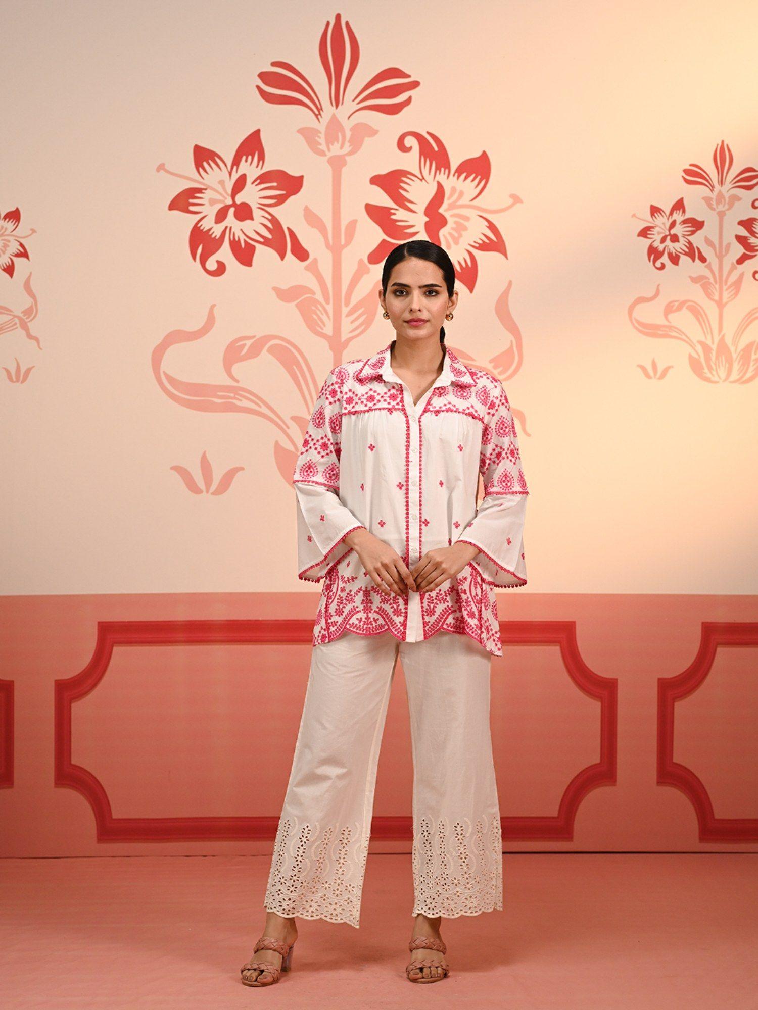 masakali ivory with fuchsia pink embroidered schiffli shirt for women
