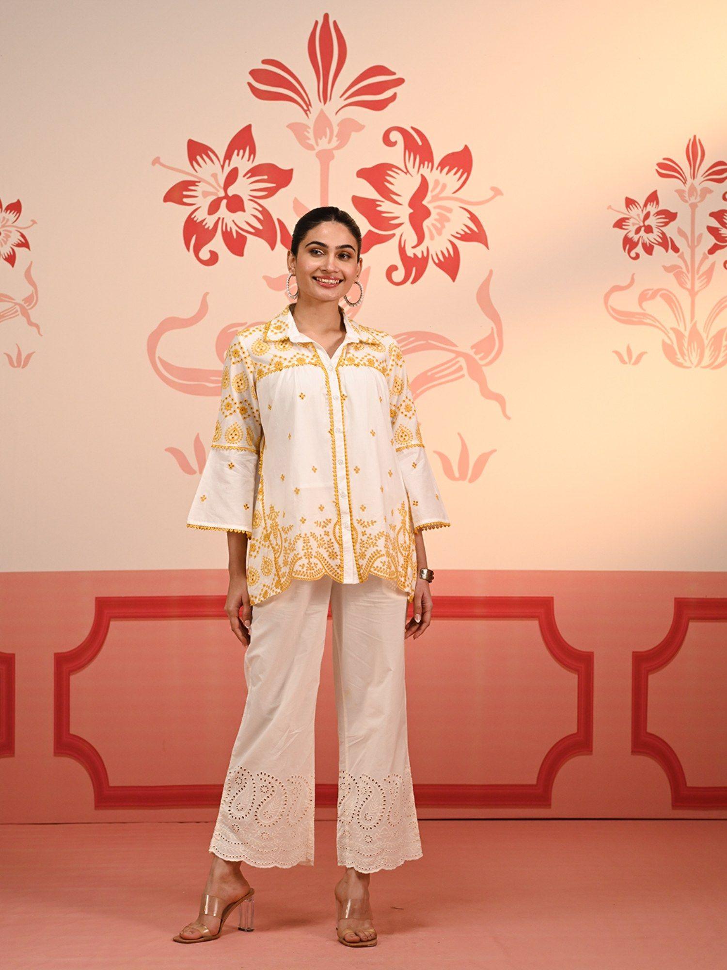 masakali vory with yellow embroidered schiffli shirt for women