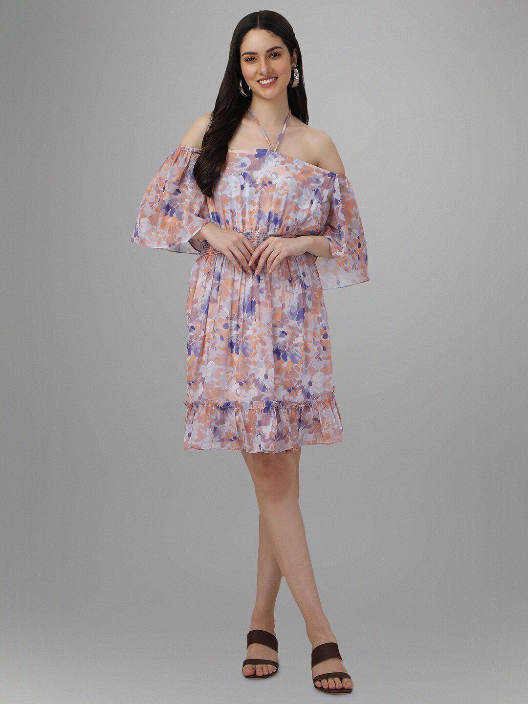 masakali.co floral printed tie-up neck off-shoulder georgette fit & flare dress