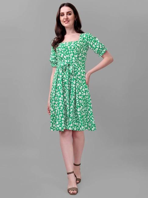 masakali.co green floral print fit & flare dress