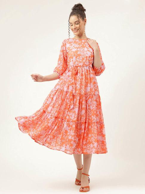 masakali.co orange floral print fit & flare dress