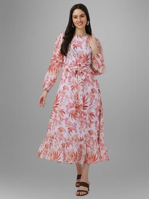 masakali.co peach & white floral print fit & flare dress