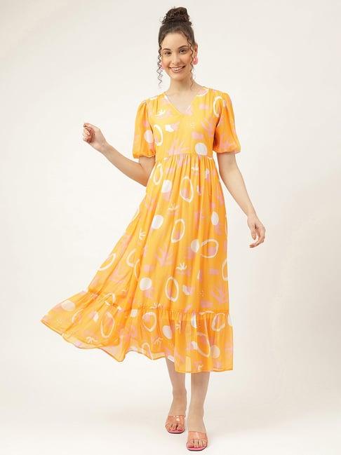 masakali.co yellow printed fit & flare dress