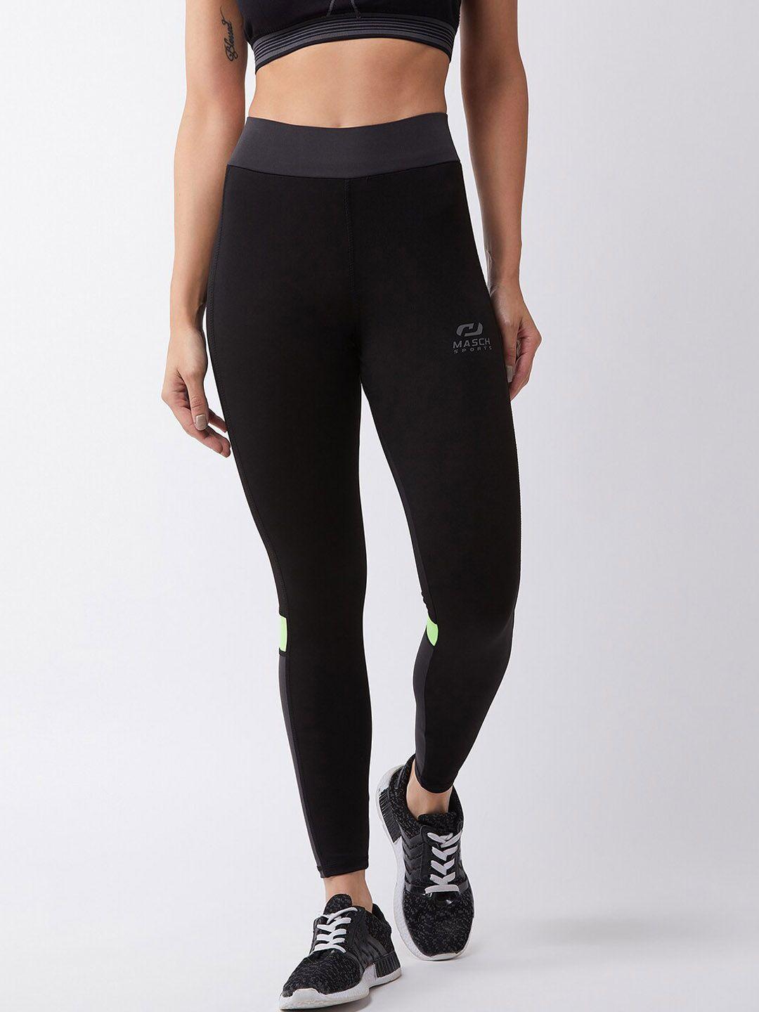 masch sports women black & neon green colourblocked dri-fit training tights