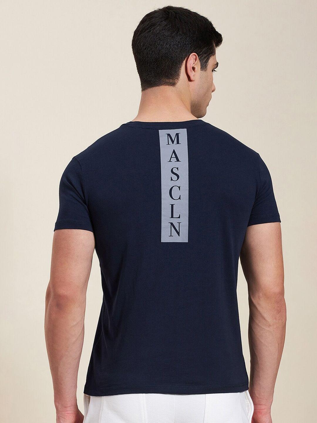 mascln sassafras men navy blue typography slim fit t-shirt