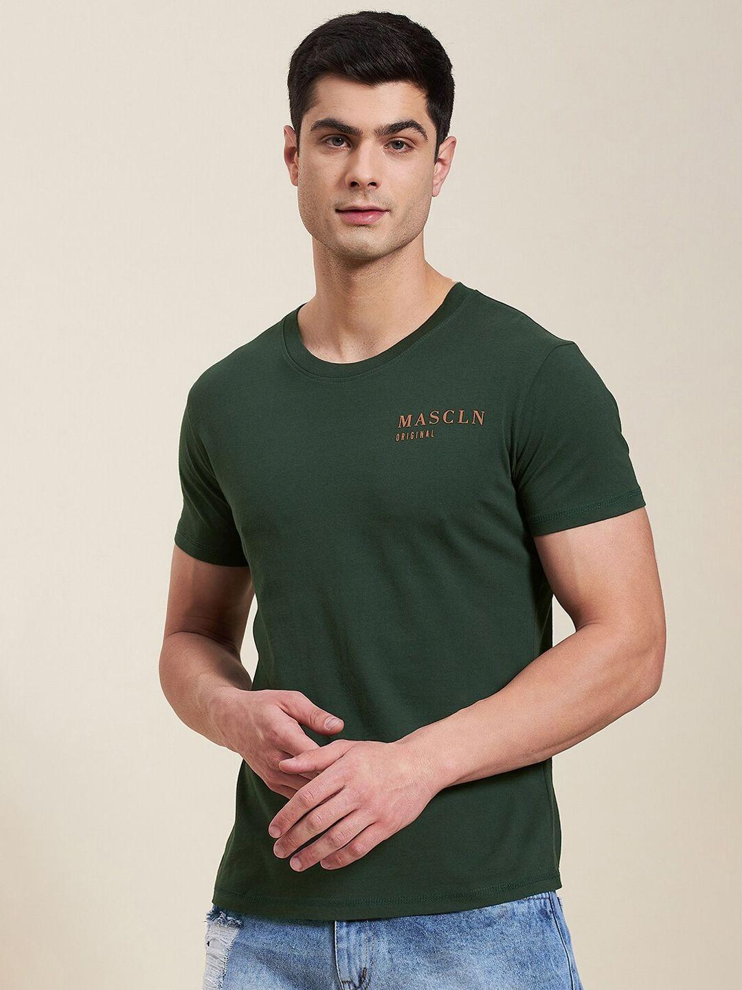 mascln sassafras men olive green solid pure cotton slim fit t-shirt
