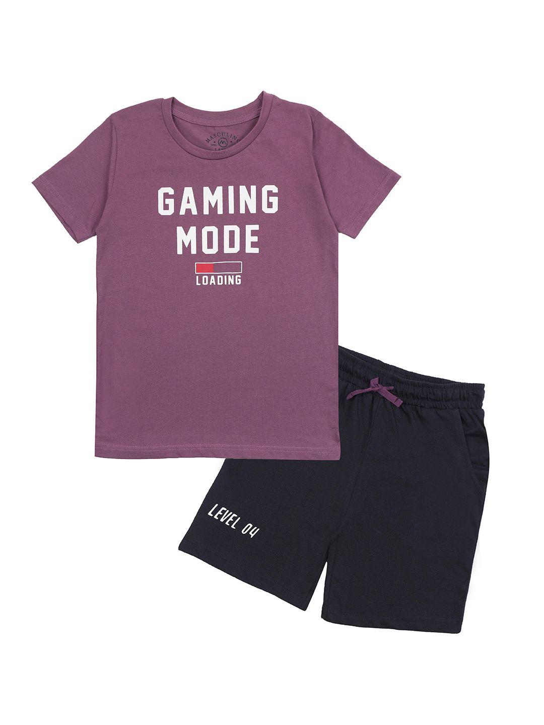 masculino latino boys purple & black printed pure cotton t-shirt with shorts