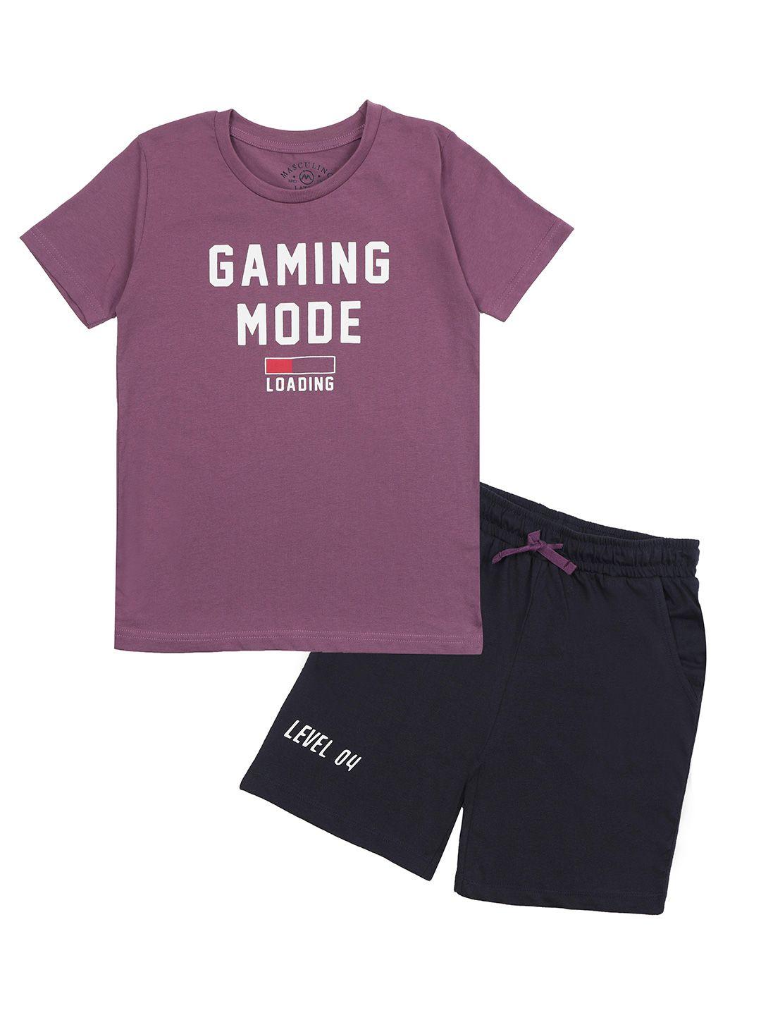 masculino latino boys purple & black printed t-shirt with shorts set