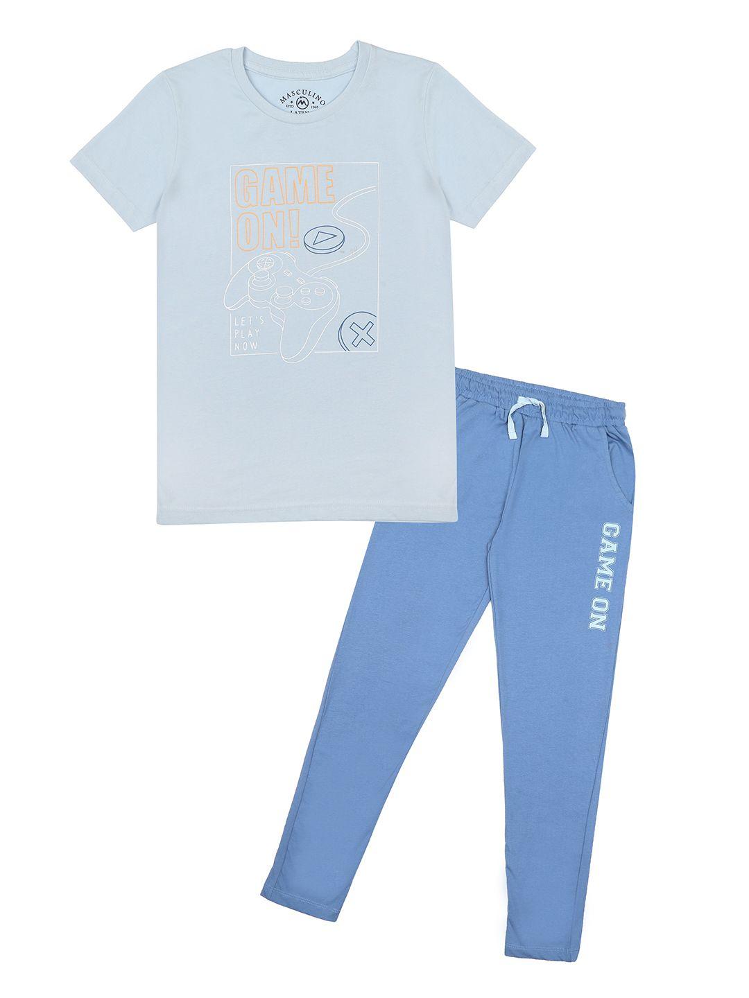masculino latino boys blue & white pure cotton typography printed t-shirt with pyjama