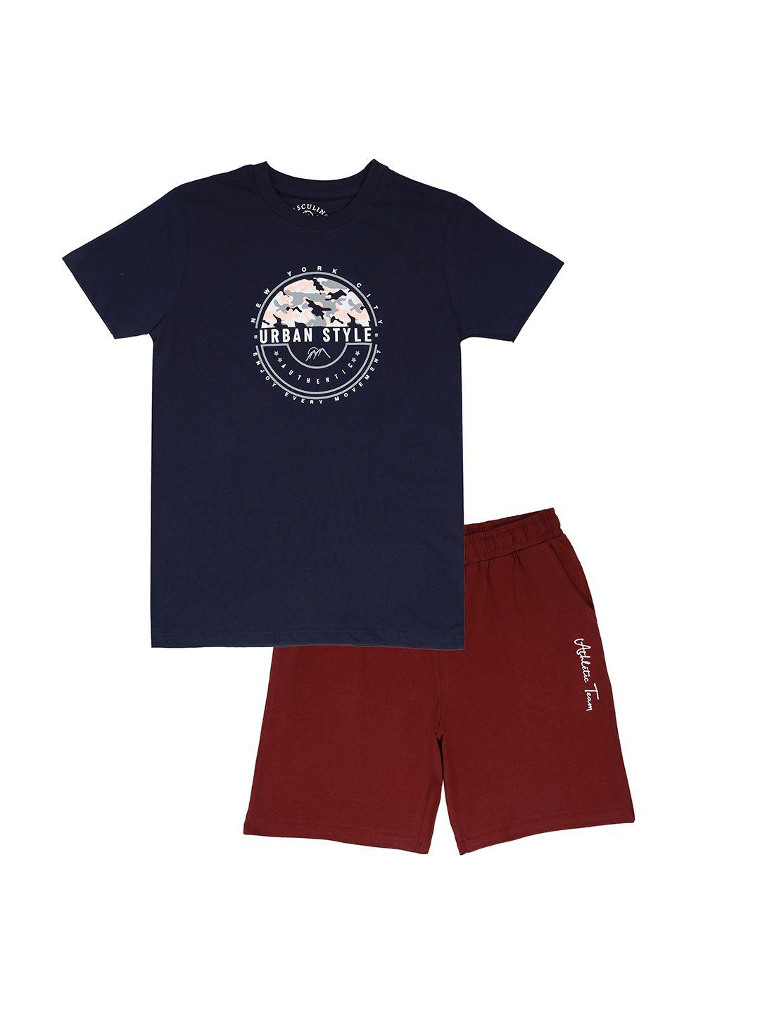 masculino latino boys navy blue & maroon printed pure cotton t-shirt with shorts