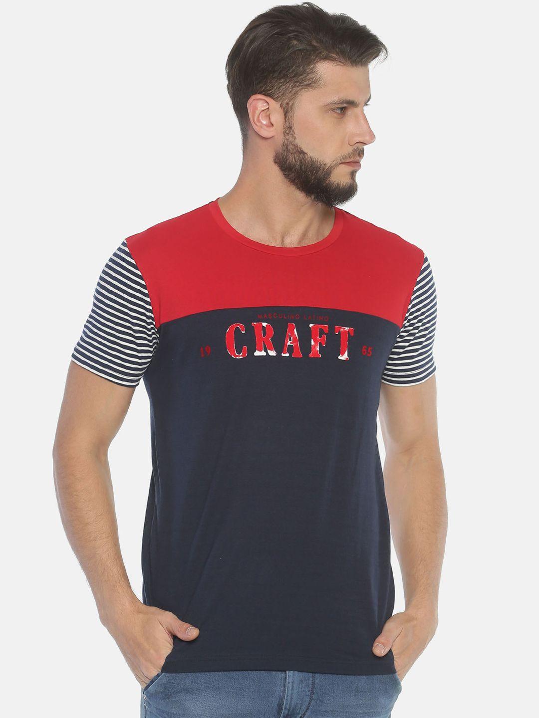 masculino latino men navy blue  red colourblocked round neck pure cotton t-shirt
