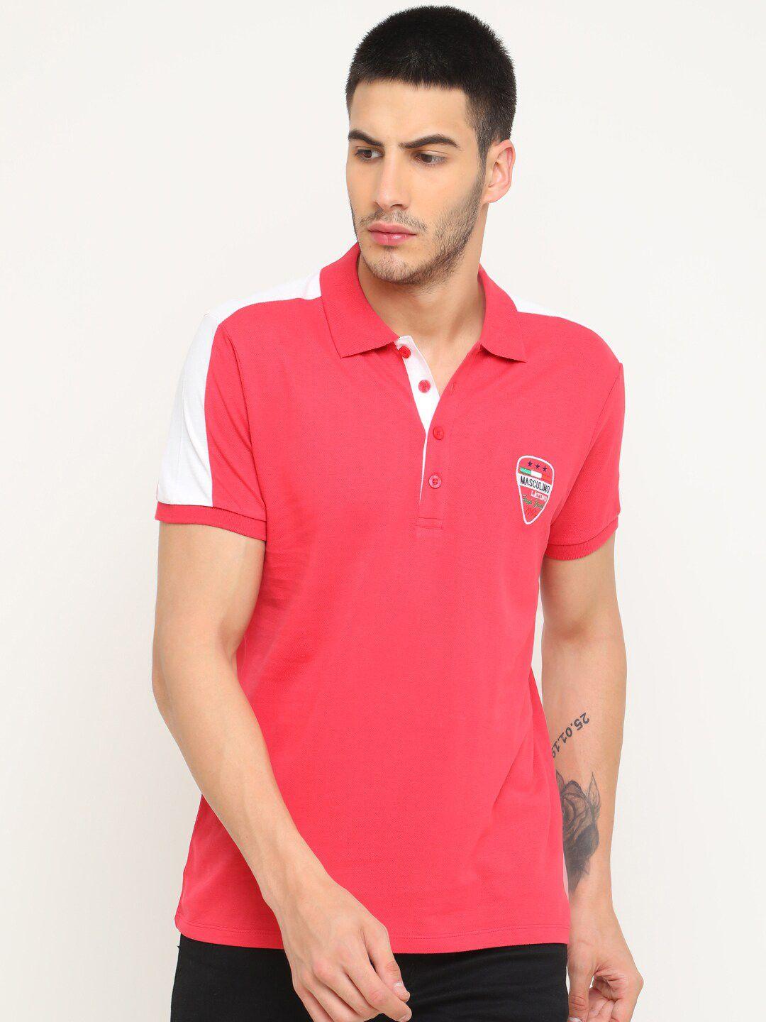 masculino latino men pink & white polo collar colourblocked  t-shirt