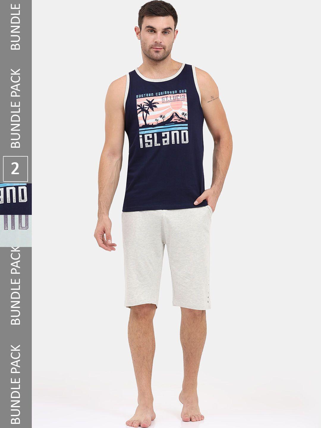 masculino latino pack of 2 typography printed sleeveless t-shirt with shorts