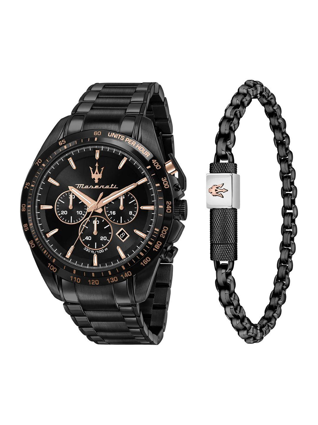 maserati men black embellished dial & black stainless steel wrap around straps analogue watch r8873612050