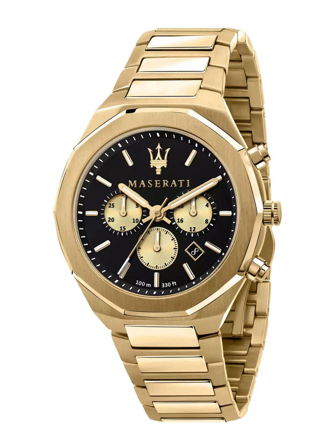 maserati men black embellished dial & yellow stainless steel bracelet style straps analogue watch