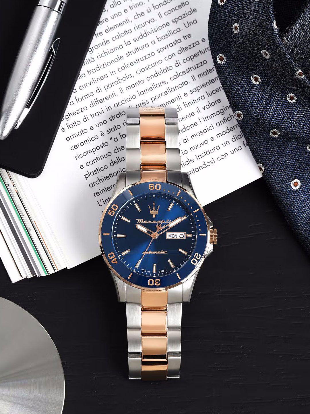 maserati men blue dial & rose gold toned stainless steel bracelet style straps analogue automatic motion watch