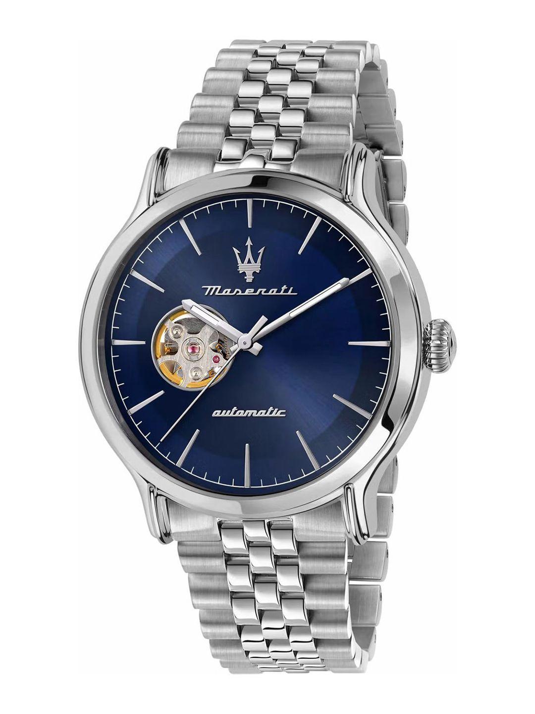 maserati men blue embellished dial & silver toned stainless steel bracelet style straps analogue automatic watch