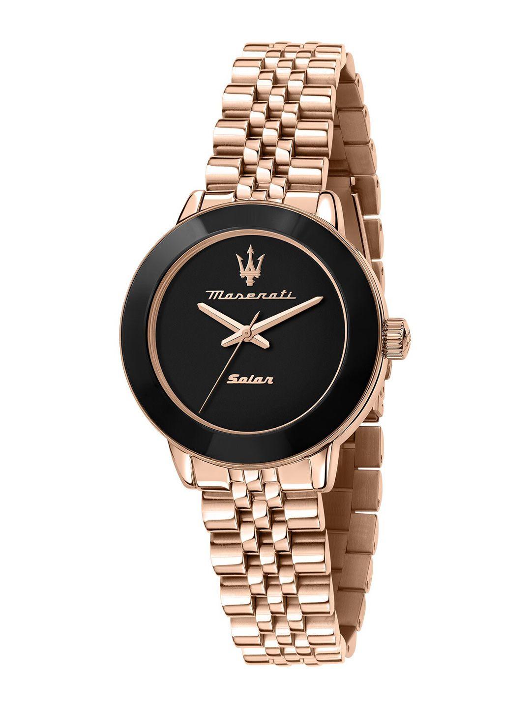 maserati women black embellished dial & rose gold toned stainless steel bracelet style straps analogue watch