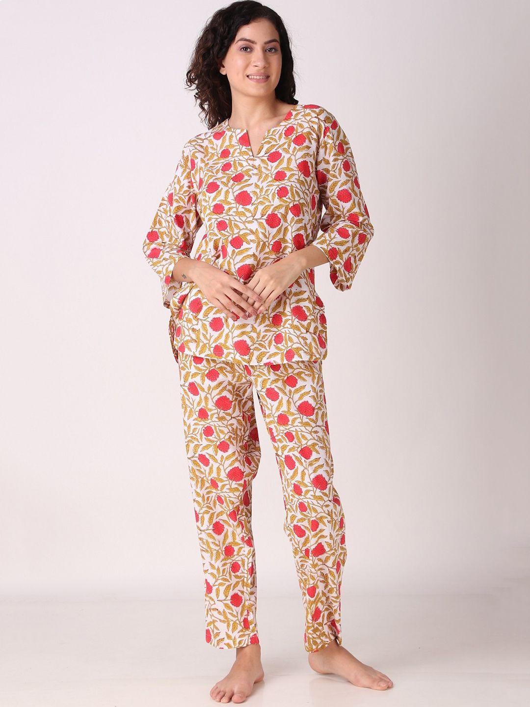 masha floral printed pure cotton top with pyjamas