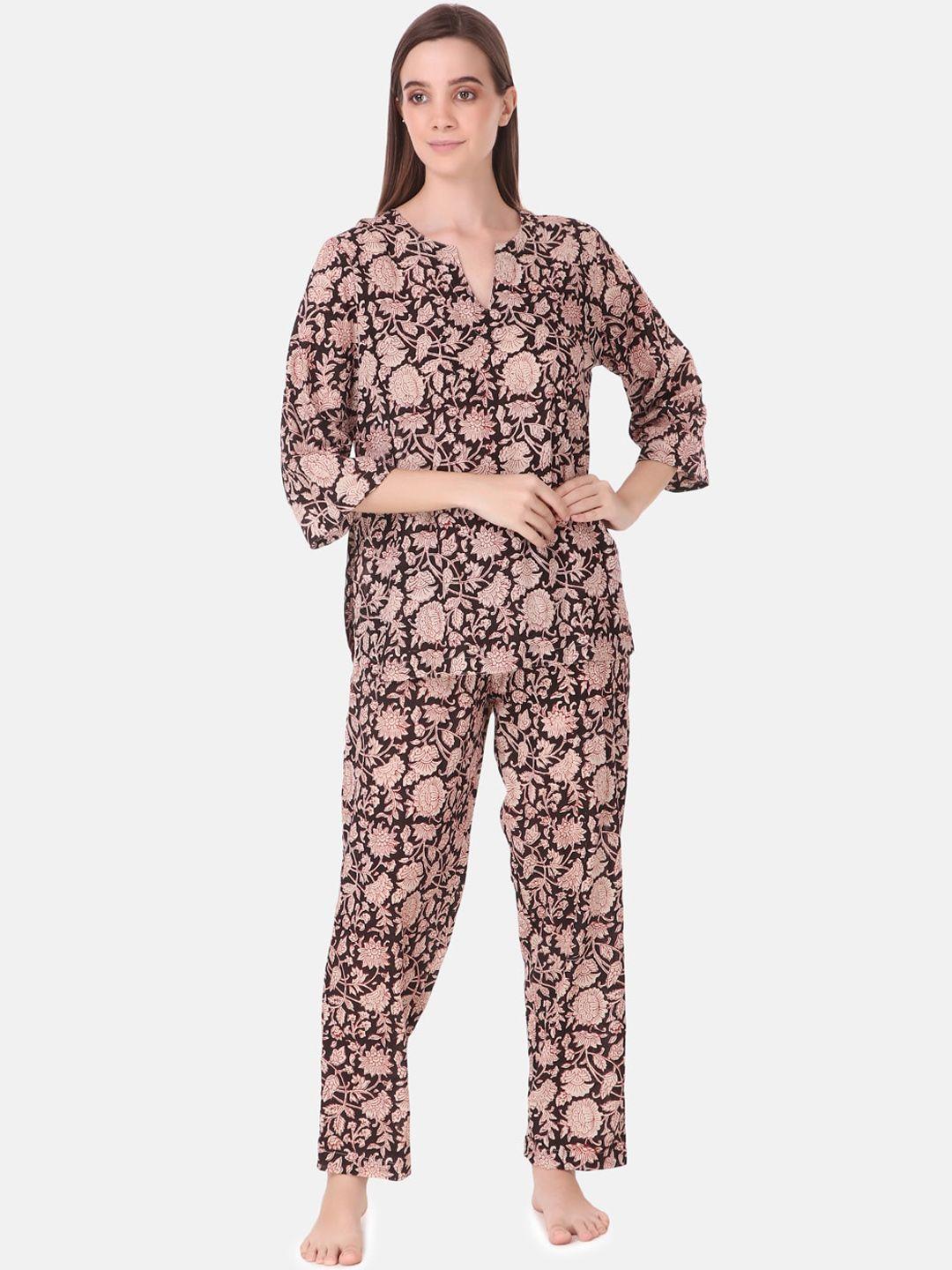 masha women black & pink pure cotton printed night suit