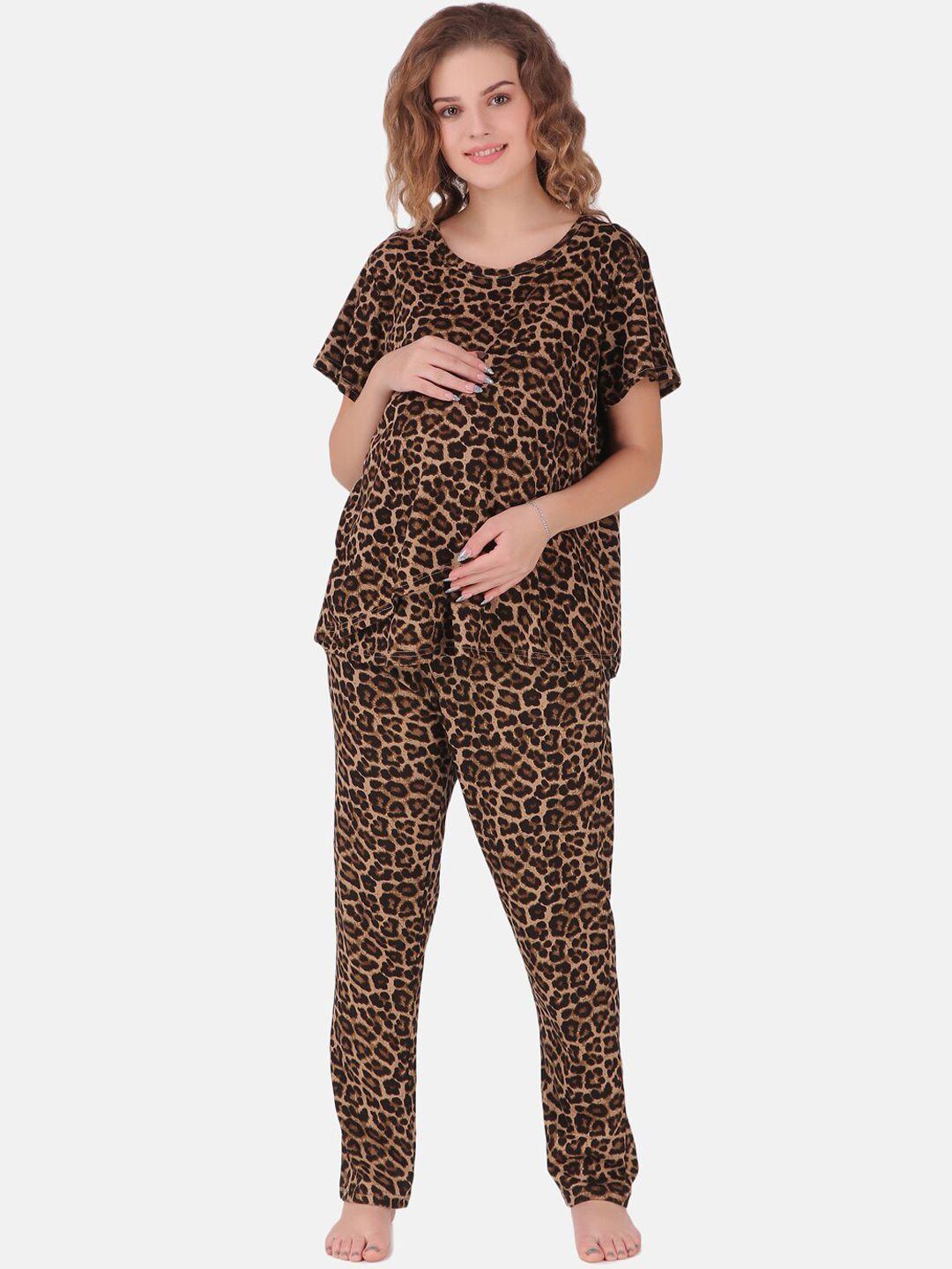 masha women brown leopard printed pure cotton maternity night suit