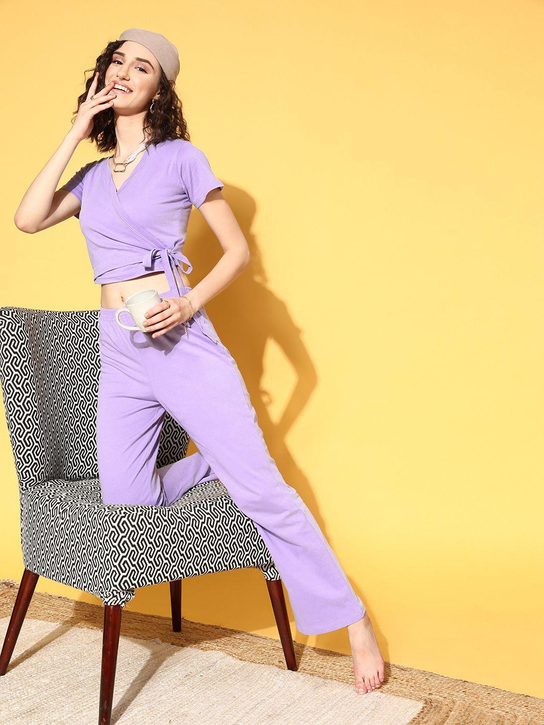masha women lavender solid pure cotton pyjama set