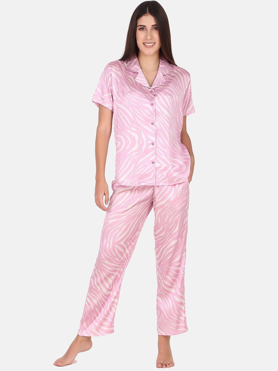 masha women pink & white animal printed night suit